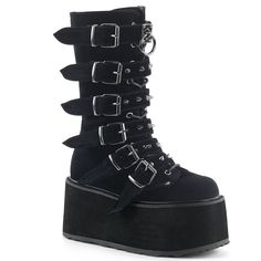 Demonia Damned-225 Black Velvet 3 1/2" (90mm) Platform Lace-Up Front Mid-Calf Boot Featuring 6 Cone-Studded Buckle Straps Inner Side Metal Zip Closure Dam225/Bvel Free Shipping + Brand New In Box Perfect For A Festival Outfit, Rave Wear, Punk Fashion, With Alternative Punk Clothes, Hot Topic Fashion, Lovers Of Dolls Kill Boots And More #Nwt #Summer #Emo #Rock #Spooky Mode Grunge Hipster, Boots Shoes Women, Galaxy Converse, Galaxy Vans, Cool Autumn, Goth Shoes, Gothic Boots, Demonia Shoes, Women Footwear