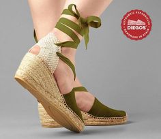 Diegos® Classic high wedge olive green Lola espadrilles shoes hand made and hand stitched in norther Striped Espadrilles, Espadrilles Shoes, Wedge Espadrilles, High Wedges, Lace Wrap, Vert Olive, Red High, Flat Espadrilles, Womens Wedges