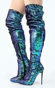 These are cool! Sequin Thigh High Boots, Mermaid Sequin, Crazy Shoes, Shoe Porn, Thigh High Boots, High Heel Boots, Thigh High, Over The Knee Boots, Thigh Highs