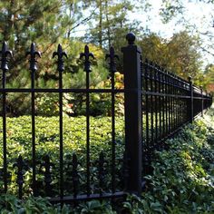 an iron fence in the middle of some bushes