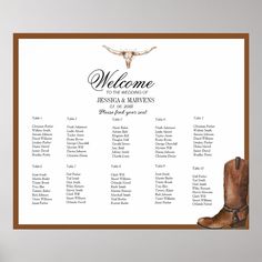 a wedding seating chart with cowboy boots on it