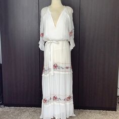 Show Me Your Mumu Maxi Dress In Sheer White Gauze Fabric With Full Matching Slip. Rose Embroidered Detail In Red, Pink And Green. Slip On Style Is Belted And Meant To Be Somewhat Loose. Size S. Measures 19” Armpit To Armpit Flat Across Back; Length Measures 54” Back Of Neck To Hem. Never Worn. Nwot White V-neck Embroidered Dress For Brunch, Summer White Maxi Dress With Embroidered Hem, Embroidered Maxi Length Dress For Brunch, White Embroidered Maxi Dress For Summer, White Dresses With Embroidered Hem For Brunch, White Embroidered Maxi Dress For Spring, White Flowy Embroidered Dress For Spring, White Embroidered Flowy Dress For Spring, Gown Ideas