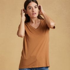 copper organic cotton V-Neck t-shirt Comfortable Brown Tops For Everyday, Comfortable Brown Cotton Tops, Comfortable Cotton Everyday Tops, Cotton Tops For Relaxation In Fall, Fall Cotton Tops For Relaxation, Versatile Brown Cotton Tops, Los Angeles Luxury, Tomboy Look, Morning Walks