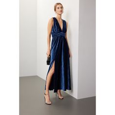 Blue velvet (96% Polyester, 4% Spandex). A-line. Sleeveless. Plunge neck. Back zipper closure. 55.5" from shoulder to hemline. Imported. Blue Pre-draped Dress With Pleated Bodice, Blue Velvet Midi Dress, Light Blue Pleated V-neck Dress, Blue Pleated V-neck Mini Dress, Blue Embellished V-neck Maxi Dress, Rachel Parcell, Velvet Gown, Fabulous Dresses, Metal Accessories