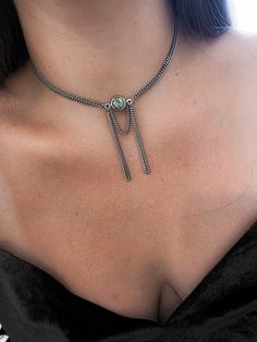 "Enjoy FREE SHIPPING WORLDWIDE+ 10% off all jewelry + Free beautiful gift wrap ❤ Welcome to My Store!❤ A perfect dainty and statement tassel chain silver Choker necklace for any elegant neckline! The perfect combination of shiny and blackened silver, between delicacy and kicking style. The necklace is made with Swarovski crystal inlay in blackened silver gourmet chains. ♦ measurements ♦ Choker necklace length - 14.96\" (38 cm) + 2\" (5 cm) extension chain . The diameter of the stone: 0.51\" (1.3 Rose Brooch, Necklace Swarovski, Silver Choker Necklace, Silver Necklace Statement, Statement Choker Necklace, Dope Jewelry, Silver Choker, Chain Silver, Crystal Choker