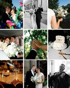 black and white wedding pictures with bride and groom in front of balloons, champagne flutes, cake