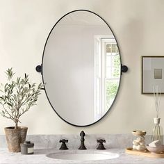 a bathroom sink with a round mirror above it and a potted plant on the counter