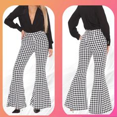 High Rise Flare Pants Size: Medium Colors: Black And White Has Zipper At The Side For Closure Please See Pictures For More Details Black Wide Leg Bottoms With Houndstooth Pattern, Chic Gingham Pants For Fall, Casual Black Houndstooth Pants, Casual Black Pants With Houndstooth Pattern, Black Houndstooth Pants For Office, Black Houndstooth Office Pants, Chic Plaid Houndstooth Pants, Trendy Gingham Bottoms For Workwear, Trendy High Waist Houndstooth Bottoms