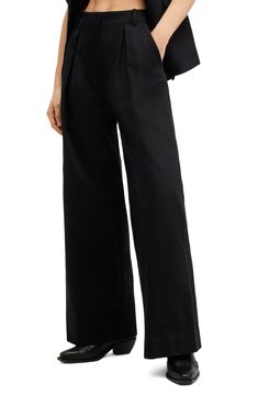 Crisp front pleats polish the look of wide-leg pants that instantly update your 9-to-5 style. Zip fly with hook-and-bar closure Front slant pockets; back welt pockets 100% cotton Hand wash, dry flat Imported Contemporary Accessories, Satin Pants, Wide Leg Linen Pants, Designer Clothes For Men, Women's Summer Fashion, Black Fits, All Saints, Athletic Women, Wide Leg Trousers