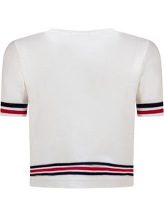 White short-sleeved T-shirt. Crew neck. Ribbed collar and hem. Striped trim that features an embroidered nautical-themed Versace logo on the front.Composition: Outside: 100% Cottonricamo: 35% Wool, 35% Acrylic, 30% Polyester Summer Short Sleeve T-shirt With Striped Hem, Classic White T-shirt With Contrast Stripes, Classic White T-shirt With Ribbed Collar, White T-shirt With Contrast Stripes For Summer, White T-shirt With Contrast Trim For Summer, White Contrast Stripes T-shirt For Summer, Casual Short Sleeve T-shirt With Striped Collar, White Crew Neck Top With Ribbed Collar, Sailor Style Cotton Crew Neck Top