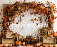 an arrangement of pumpkins, gourds and other autumn decorations