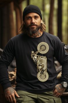 Embrace the vintage cool with the Bobber Harley Biker Sweatshirt--a stylish shirt perfect for the cool motorbiker enthusiast, featuring a distinctive style. This motorcycle road trip journey shirt is ideal for the Bobber rider, capturing the essence of classic Harley style with a touch of retro coolness. A sturdy and warm sweatshirt bound to keep you warm in the colder months. A pre-shrunk, classic fit sweater that's made with air-jet spun yarn for a soft feel. * 50% cotton, 50% polyester * Pre- Black Biker T-shirt For Motorcycling, Black Biker Shirt With Crew Neck, Black Biker Shirt With Graphic Print, Biker Style Cotton Shirt For Streetwear, Black Graphic Shirt For Biker Events, Black Biker Top With Screen Print, Black Graphic Print Shirt For Biker Events, Black Graphic Print Biker Shirt, Casual Long Sleeve T-shirt For Motorcycling