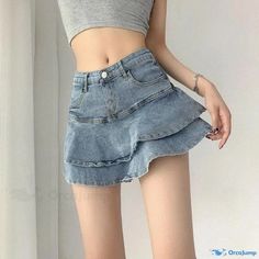 Orcajump - High-waisted denim skirt with intricate inner lining and stylish ruffled hem for a flattering fit. High Waisted Denim Skirt, Type A, High Waisted Denim, A Line Skirt, A Line Skirts, Denim Skirt, A Line, High Waisted, Skirt