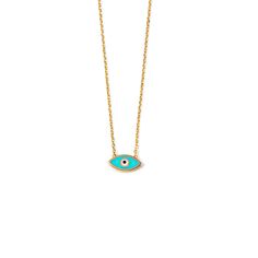 "14K Gold Enamel Evil Eye Necklace, Tiny Eye Necklace, Minimal Necklace, Good Luck Necklace 𝐏𝐑𝐎𝐃𝐔𝐂𝐓 𝐃𝐄𝐓𝐀𝐈𝐋𝐒 Made of 14K yellow gold and enamel Kt: k14 eye: 1 cm - 0.39 inches length: 40 cm - 15.7\" weight: 1.2gr The symbol and superstition of the evil eye is one of the strongest symbolic images in the world. The earliest known evidence for belief in the evil eye goes back to ancient Greece and Rome. t is suppose to wear off evil to anyone who wears it and various cultures believe i Gold Enamel Necklace With Delicate Chain, Yellow Gold Enamel Necklace For Gift, Yellow Gold Enamel Round Pendant Charm Necklace, Dainty Yellow Gold Enamel Necklace, Luck Necklace, Turquoise Eyes, Good Luck Necklace, Minimal Necklace, Solid Gold Necklace