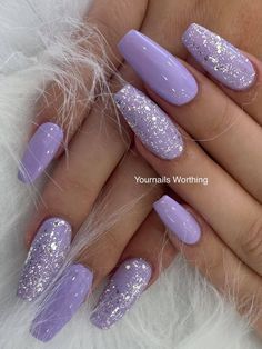 Lilac Nails For Prom, Lavender Nail Design Ideas, Lilac Sparkle Nails, Lilac Prom Nails, Purple Gel X Nails, Lavender And Silver Nails, Purple And Glitter Nails, Lilac Glitter Nails, Lilac Nail Ideas