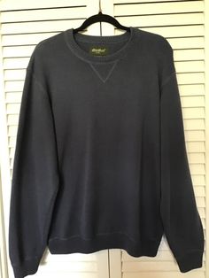 Eddie Bauer Man’s Heavy Cotton Knit Sweater. Size L.  Crew neck. Long Sleeves. Blue.  Minimally worn. No flaws.  From a clean, smoke and pet free environment.   Length collar back to hem:  28” Armpit to armpit (chest):  26” Shoulder to shoulder back:  21” Sleeve length:  34” collar back to cuff hem, shoulder to hem 28” Waist:  52” Low Neck Sweater, Fit Clothes, Crewneck Sweaters, Grandpa Sweater, Nike Vintage, Fall Fit, Fits Clothes, Guitar Art, Fall Clothes