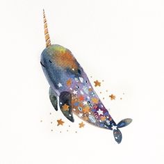 a watercolor painting of a narwhale with stars on it's tail