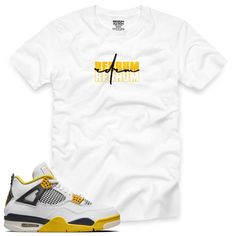 The Vivid Sulfur 4 Redrum RDRM V6 Tee is essential for any urban streetwear enthusiast. Show off your style in this premium 100% cotton tee, featuring a classic fit and black/white short-sleeve design. Inspired by the 'VIVID SULFUR' 4s 2024. Get your true-to-size Redrum Nation Tee today.   (Sneakers not included). Air Jordan 13 Retro, Jordan 13 Retro, Urban Streetwear, Street Wear Urban, White Short, Sleeve Designs, Shirt Price, Cotton Tee, White Shorts