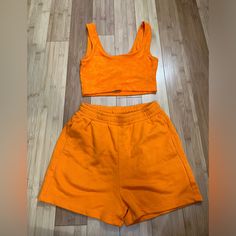 Orange H&M Sweat Set Top Has Tag Bottom Doesn’t But Never Worn Top Is Size Small Bottom Is Xs H&m Tops For Summer Loungewear, Basic Summer Crop Top For Loungewear, H&m Summer Loungewear Tops, H&m Cotton Casual Crop Top, H&m Casual Cotton Crop Top, H&m Casual Summer Crop Top, Casual Sleeveless Crop Top From H&m, Trendy H&m Cotton Crop Top, Casual Sleeveless H&m Crop Top