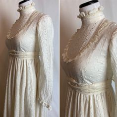 "I really love this dress, but she's got some boo boos. 🤕 let's start with the basics. It's all cotton with a cotton under skirt. Eyelets all around, long peeked wrist, puffed sleeves, high waisted, high snug ruffle neck. A long vinyl zipper up the back. Sewn in sash that wraps around a couple ties. The bottom ruffle is quite large. I have soaked the dress in biz and have had a fairy large rip in the front, stitched up by a pro and she did a pretty good job I must say. It has a scar now that ki Bohemian Victorian Dress With Lace Trim For Wedding, Bohemian Victorian Wedding Dress With Lace Trim, Cottagecore Prairie Dress With Lace Trim For Wedding, Cream Cottagecore Victorian Wedding Dress, Vintage White Prairie Dress With Lace Trim For Wedding, Vintage Empire Waist Prairie Wedding Dress, Empire Waist Prairie Dress With Lace Trim For Wedding, White Victorian Prairie Dress For Wedding, Regency Style Wedding Prairie Dress With Lace Trim