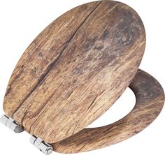 a wooden toilet seat with metal handles