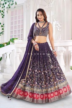 Enchanting Deep Purple Lehenga Choli: A Fusion of Tradition and Modern – Palkhi Fashion Purple Lehenga Choli, Palkhi Fashion, Purple Lehenga, Multicolor Embroidery, Disabled Women, Silk Lehenga Choli, Purple Soft, Silk Lehenga, Rich Fabric