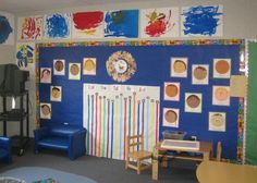 a classroom with blue walls and pictures on the wall