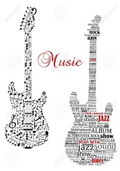 an electric guitar with musical notes on it and the word music written in different languages