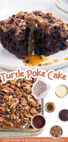 turtle poke cake with chocolate frosting and pecans in the middle on a white plate