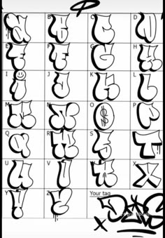 the alphabet and numbers are drawn in black ink on a white sheet with some type of writing