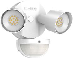 an outdoor security camera with two lights on it's head and one light on the side