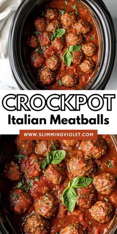 crockpot italian meatballs in a slow cooker with basil leaves on top