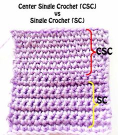 the crochet pattern is shown in purple and yellow, with two different stitches on each