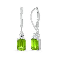 Add intriguing color to any outfit with these shimmering drop earrings. Crafted in sterling silver Each earring showcases an emerald-cut spring-green peridot dangle A white lab-created sapphire tops the gemstone The earrings secure with lever backs A great August birthstone gift choice Modern Emerald Cut Gemstone Earrings, Elegant Green Jewelry With Lever Back Ear Wires, Fine Jewelry Green Drop Earrings, Green Fine Jewelry Drop Earrings, Elegant Rectangular Emerald Earrings For May Birthstone, Classic Green Diamond Drop Earrings, Green Diamond Drop Earrings With Prong Setting, Modern Green Jewelry With Prong Setting, Elegant Rectangular May Birthstone Earrings