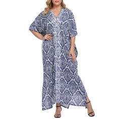 HDE's maxi kaftan beach dress is a versatile summer vacation must-have, perfect for women of all different sizes. Designed to be oversized, breezy, and relaxed feeling when you're out in the sun. The loose sleeves and loose cut will make you look slimmer and let you feel sophisticated on your next vacation getaway. You also don't have to worry about skin damage because our caftan / kaftan beach cover up offers UPF 30+ to protect your skin. Be a stunner at the beach or by the pool with a pop of 1 Relaxed Fit V-neck Beach Dress For Vacation, Casual Maxi-length Kaftan For Vacation, Blue Oversized Maxi Dress With Short Sleeves, Oversized Blue Maxi Dress With Short Sleeves, V-neck Printed Maxi Dress For Beach, Oversized V-neck Maxi Dress For Vacation, Blue V-neck Kaftan For Beach Season, Relaxed Fit V-neck Maxi Dress For Vacation, Printed Long Beach Dress For Vacation