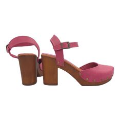 "Italian production clog with Brown wood effect base Non-slip rubber padded insole Leather upper Entirely made by specialized Italian personnel Handcrafted using the best materials Heel height 9cm with 3cm platform, adjustable with ankle strap, very comfortable and elegant. Designed & Produced By \"MY Clogs\"" Pink Closed Toe Clogs With Cushioned Footbed, Wooden Closed Toe Sandals With Removable Insole, Wood Closed Toe Sandals With Removable Insole, Pink Leather Platform Mules, Pink Slip-on Clogs With Removable Insole, Pink High Heel Platform Clogs, Pink Closed Toe Heels With Rubber Sole, Pink Mules With Wooden High Heel, Pink High Heel Mules With Wooden Heel