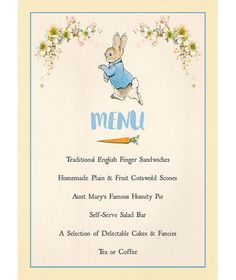 a menu with an image of a bunny running through the air and flowers around it