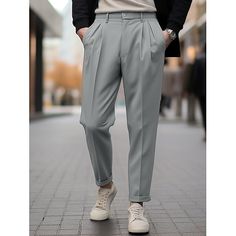 Season:Spring   Fall; Fabric:Polyester; Gender:Men's; Style:Casual,Fashion; Occasion:Daily,Going out,Outdoor; Fit Type:Regular Fit; Function:Comfort,Soft,Breathable; Waistline:Mid Waist; Pattern:Plain; Design:Pocket; Pants Type:Dress Pants,Trousers,Pleated Pants,Suit Pants; Front page:FF; Listing Date:10/25/2023; Hips:; Length: Fitted Casual Dress Pants Solid Color, Fitted Casual Dress Pants In Solid Color, Baggy Solid Ankle-length Dress Pants, Non-stretch Straight Leg Dress Pants, Non-stretch Dress Pants With Pockets For Business Casual, Casual Tailored Gray Bottoms, Non-stretch Straight Dress Pants, Casual Tailored Dress Pants With Straight Cut, Tailored Casual Gray Pants