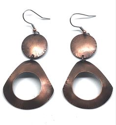 Two-part Copper Earrings Patterned copper Cutout circles recycled copper Handmade by artist Susan Wood Peterson Bronze Round Earrings, Bronze Copper Round Earrings, Round Electroformed Metal Earrings, Electroformed Round Metal Earrings, Nickel-free Copper Circle Earrings, Handmade Copper Circle Earrings, Copper Dangle Earrings, Copper Jewellery, Metalsmithing Jewelry