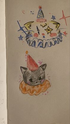 a drawing of a cat wearing a birthday hat