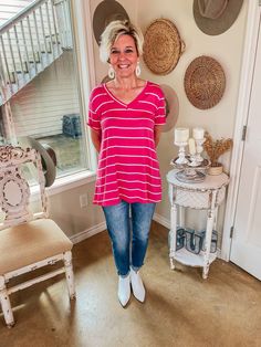 We may be keeping it casual, but we'll still look great doing it! This top includes short sleeves, a v neckline, and a cute striped print on the comfiest material! This is the perfect top for the upcoming seasons! Pair it with fun jewelry and skinnies and you'll be set! Size Suggestions: Small: 4-6 Medium: 8-10 Large: 12-14 XL: 14-16 2XL: 18-20 3XL: 22-24 Fabric Content: 95% Polyester 5% Spandex Care Instructions: Hand wash, cold. Do not bleach. Hang to dry. SKU: #211273 Giddy Up Glamour, Fun Jewelry, Casual Stripes, V Neckline, Pink Stripes, V Neck Tee, Amazing Jewelry, Looks Great, Care Instructions