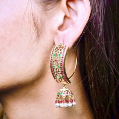 Traditional punjabi "dandi jhumki" in gold plated silver. The pearls are freshwater and the red and green stones are synthetic ruby,emerald look alikes. Jadau Jhumka, 22k Gold Jewelry Necklaces, Look Alikes, Star Bangle, 22k Gold Jewelry, Pearl Necklace Set, Green Stones, Future Family, Ruby Emerald