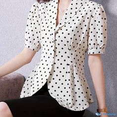 Orcajump - Polka Dot Print Button Front Blouse, Casual Shawl Collar Short Sleeve Blouse For Spring & Summer, Women's Clothing Elegant Button-up Polka Dot Tops, Elegant Polka Dot Button-up Tops, Spring Polka Dot Tops With Buttons, Summer Polka Dot Blouse With Buttons, Summer Polka Dot Pattern Blouse With Buttons, Polka Dot Blouse With Buttons For Summer, Polka Dot Collared Blouse With Button Closure, Fitted Polka Dot Blouse For Work, Elegant Polka Dot Blouse With Buttons