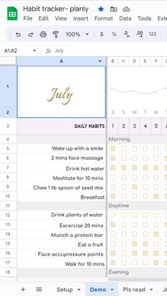 Ready to conquer July with healthy habits? ✨ This simple habit tracker in Google Sheets helps me stay on track!  I've got my daily routine planned: from morning face massage & meditation to evening walks.  It's all about small steps towards a healthier, happier me!  Download this free template & check off your daily wins! #habittracker #health #wellness #googlesheets #productivity #selfcare #julygoals #motivation Save & share for inspiration! Spreadsheet Habit Tracker, Habit Tracker Excel Template, Google Sheets Tracker, Habit Tracker Google Sheets, Wedding Spreadsheet Templates, Excel Organization, Excel Habit Tracker, Google Sheets Habit Tracker, Tracker Aesthetic