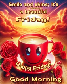 a cup of coffee with roses around it and the words smile and shine it's a beautiful friday happy friday good morning