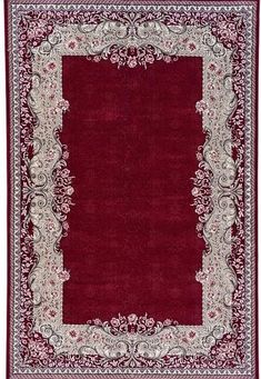 a red and white rug with an ornate border in the middle, on a white background