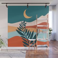 an abstract wall mural with palm leaves, moon and mountains in shades of blue, green, orange and pink