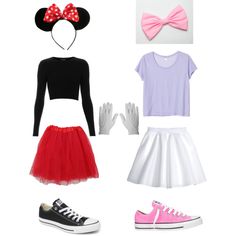 some clothes and accessories are arranged in the shape of minnie mouse