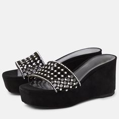 Elevate your style with these Black Vegan Suede square-toe wedge Rhinestone Platform Mules. The perfect blend of comfort and glamour, these mules add a touch of sparkle to any outfit. Color: Black Material: Vegan suede Heel Type: Wedge heel Heel height: 3.35 inches / 8.5 cm Toe: Square toe Stylish platform wedge mules with hollow-out upper and rhinestone embellishment Handcrafted US sizing. Fits true to size. Wedge Mules, Platform Mules, Black Platform Heels, Black 13, Black Vegan, Black Platform, Platform Wedge, Heel Type, Black 7