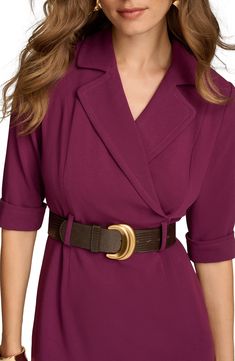 Smooth darts and a bold belt elevate this go-anywhere sheath dress topped by notched lapels. 40 1/2" length Back zip closure Notched lapels Short sleeves Removable belt Lined 63% polyester, 32% rayon, 5% spandex Dry clean Imported Elegant Belted Blazer Dress With Notch Lapel, Collared Belted Dress For Work In Fall, Fitted Collared Belted Dress For Work, Fall Collared Belted Dress For Work, Knee-length Belted Formal Blazer Dress, Belted Knee-length Blazer Dress For Formal Occasions, Elegant Belted Blazer Dress With Suit Collar, Formal Belted Knee-length Blazer Dress, Fall Semi-formal Belted Blazer Dress